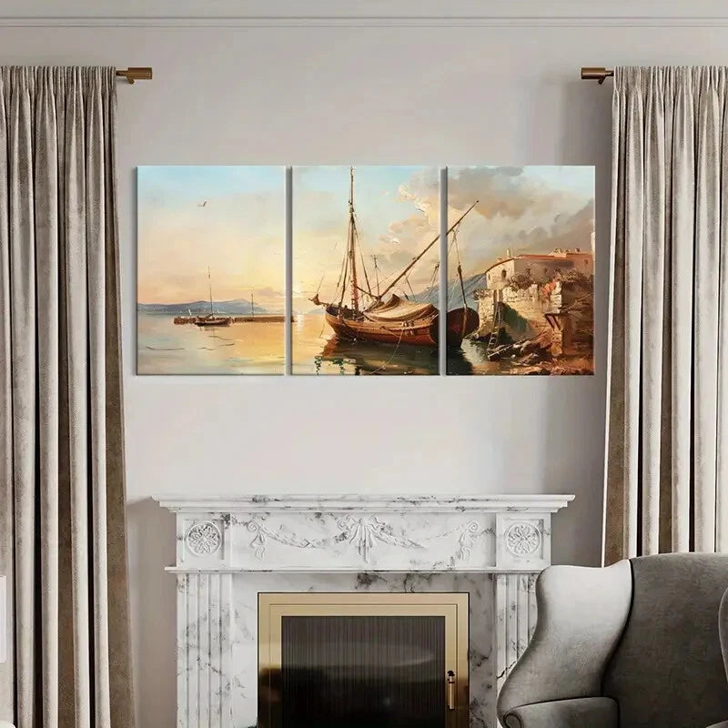 3pcs Maritime Scene Coastal Village Wooden Boat Metal Print Ready to Hang Art - Bella Home Decor