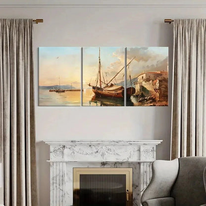 3pcs Maritime Scene Coastal Village Wooden Boat Metal Print Ready to Hang Art - Bella Home Decor