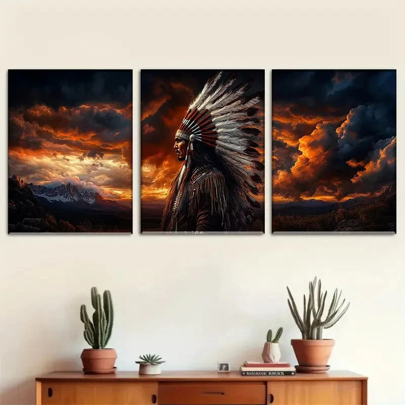 3pcs American Indian Chief Painting Metal Print Ready to Hang Art - Bella Home Decor