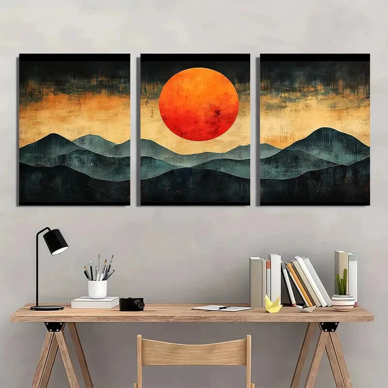 3pcs Century Orange Sun Abstract Illustrations Metal Print Ready to Hang Art - Bella Home Decor