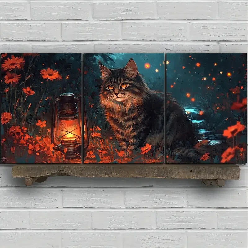 3pcs Kitten And Lantern Flowers Metal Print Ready to Hang Art - Bella Home Decor