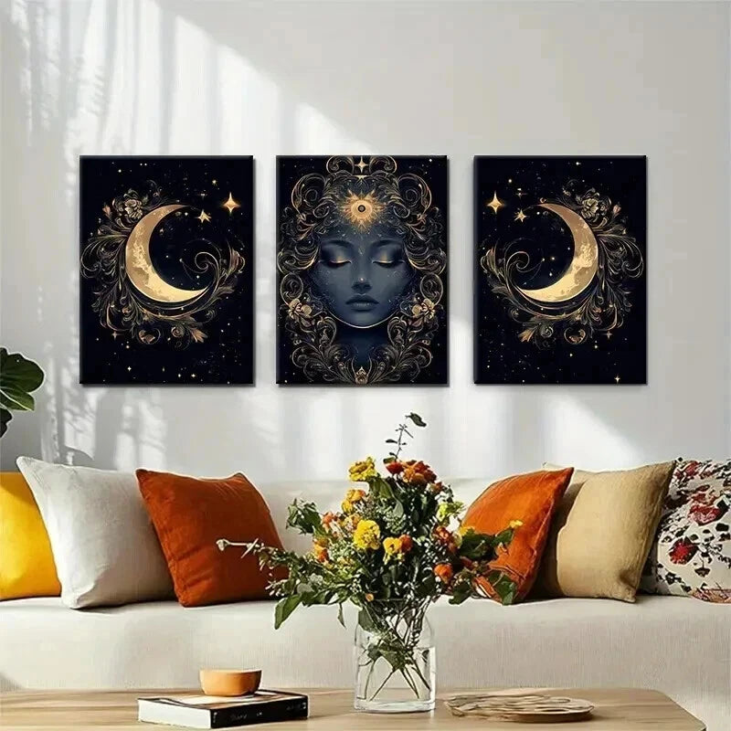 3pcs Mystical Moon Goddess Golden Lunar Perfect Wall Art Set Canvas Framed 60x90cm - High Quality Print 100% Australian Made Wall Canvas Ready to Hang - Bella Home Decor