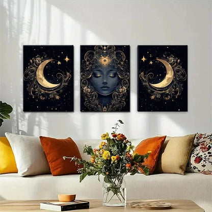 3pcs Mystical Moon Goddess Golden Lunar Perfect Wall Art Set Canvas Framed 60x90cm - High Quality Print 100% Australian Made Wall Canvas Ready to Hang - Bella Home Decor