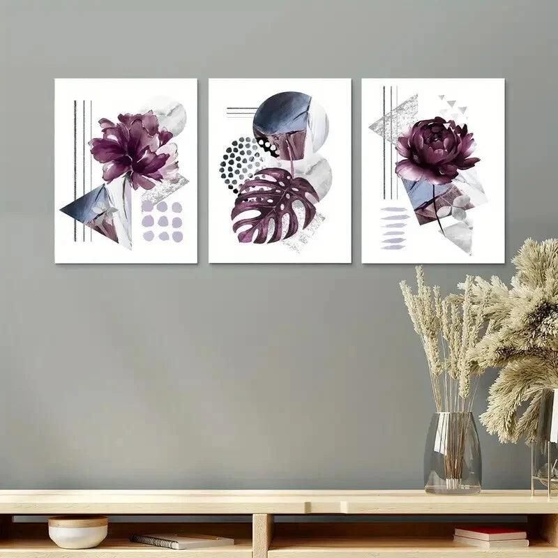 3pcs Abstract Geometric Botanical Peony Leaves Metal Print Ready to Hang Art