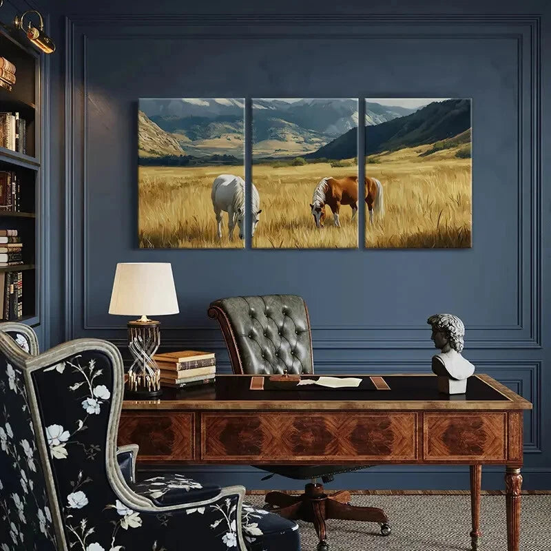 3pcs Artistic Horses Grazing Mountain Landscape Metal Print Ready to Hang Art - Bella Home Decor