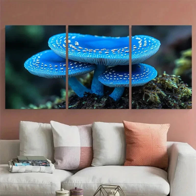 3pcs Vibrant Blue Mushroom Macro Photography Metal Print Ready to Hang Art - Bella Home Decor