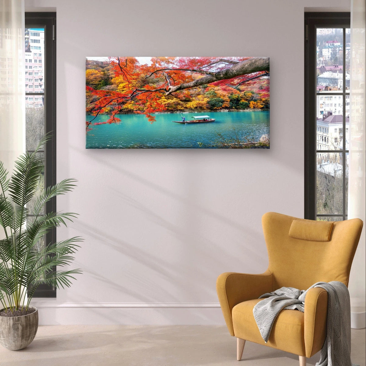 Autumn River Landscape with Boat Wall Art Canvas Office Home Framed 120x60cm