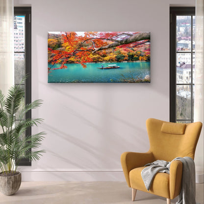 Autumn River Landscape with Boat Wall Art Canvas Office Home Framed 120x60cm