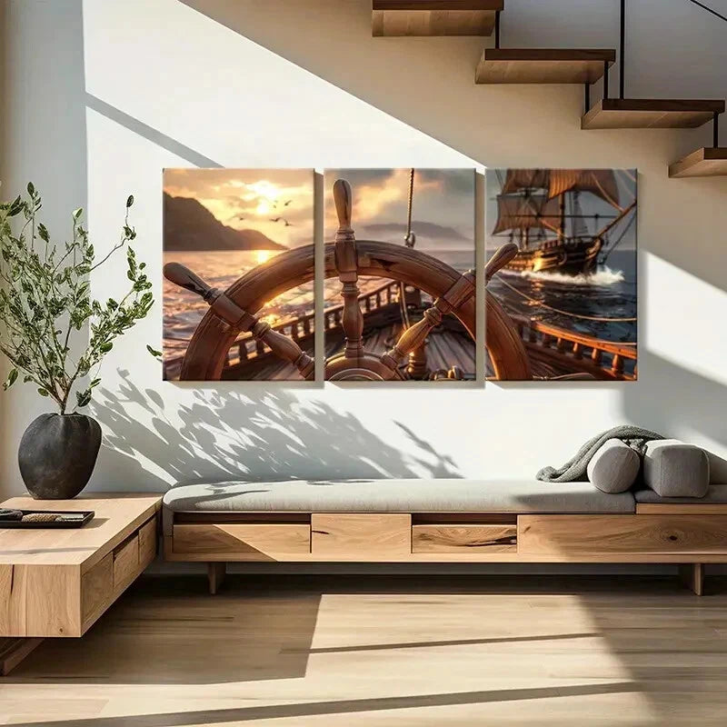 3pcs Rudder Sunset Ship Ocean Birds Art Painting Metal Print Ready to Hang Art - Bella Home Decor