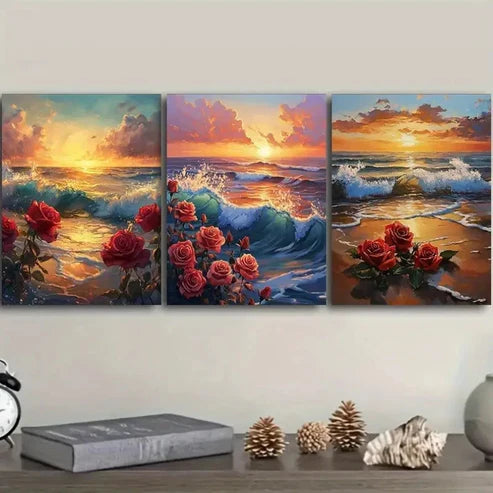 3pcs Featuring a Sunset, Ocean, And Blooming Wall Art Canvas Unframed - High Quality Print 100% Australian Made Wall Canvas