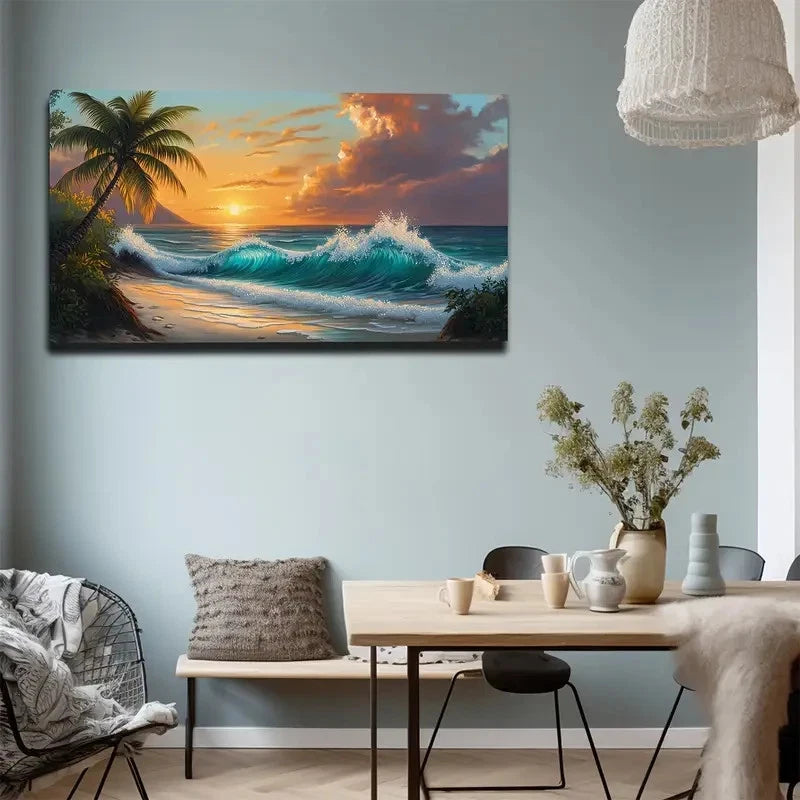 Tropical Beach Scene with Palm Wall Art canvas office home room framed 120x60cm - Bella Home Decor