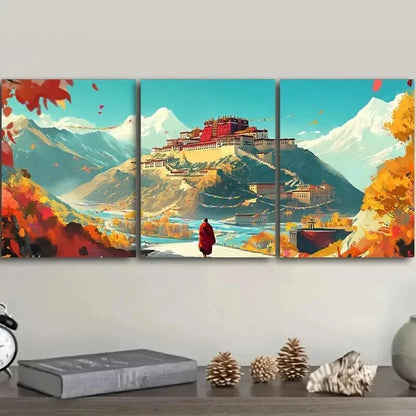 3pcs Potala Palace Autumn Landscape Wall Art Set Canvas Framed 50x70cm - High Quality Print 100% Australian Made Wall Canvas Ready to Hang
