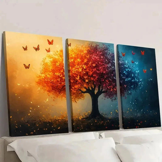 3pcs Vibrant Autumn & Winter Butterfly Tree Wall Art Set Canvas Framed 50x70cm - High Quality Print 100% Australian Made Wall Canvas Ready to Hang