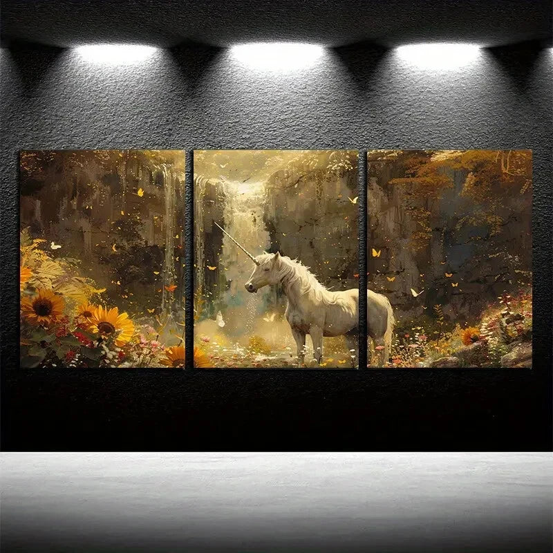 3pcs Unicorn and Waterfall with Sunflowers Design Metal Print Ready to Hang Art - Bella Home Decor