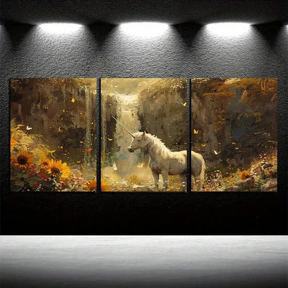 3pcs Unicorn and Waterfall with Sunflowers Design Metal Print Ready to Hang Art - Bella Home Decor