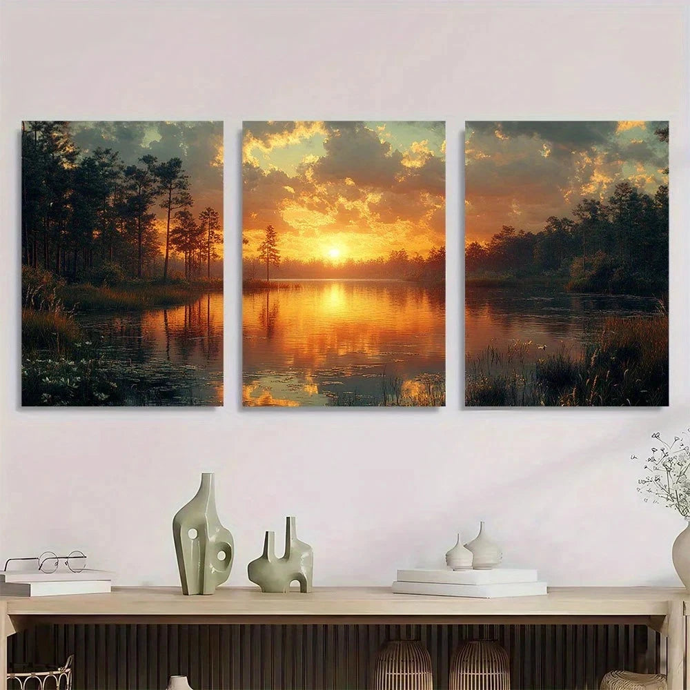 3pcs Vintage Style Lake and Pine Tree Forest Metal Print Ready to Hang Art - Bella Home Decor