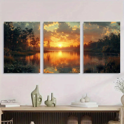 3pcs Vintage Style Lake and Pine Tree Forest Metal Print Ready to Hang Art - Bella Home Decor
