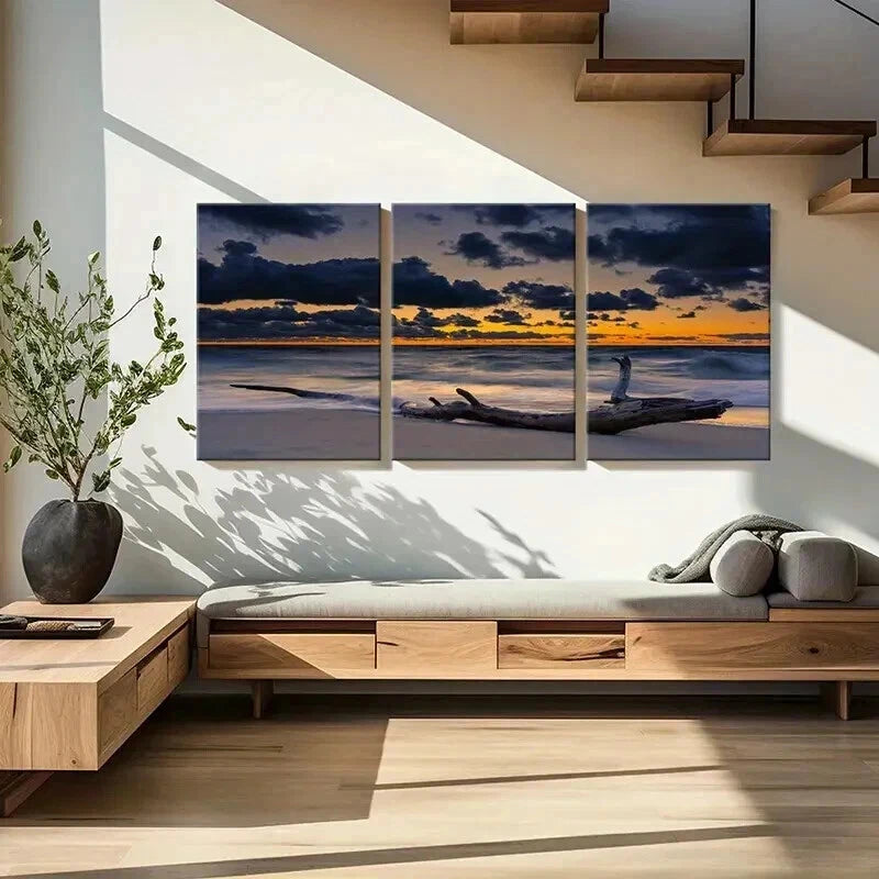 3pcs Sea Surface At Dusk Beach Modern Wall Art Set Canvas Framed 50x70cm - High Quality Print 100% Australian Made Wall Canvas Ready to Hang - Bella Home Decor