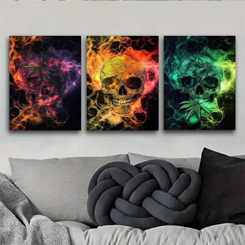 3pcs Colorful Skulls with Swirling Colors Metal Print Ready to Hang Art - Bella Home Decor