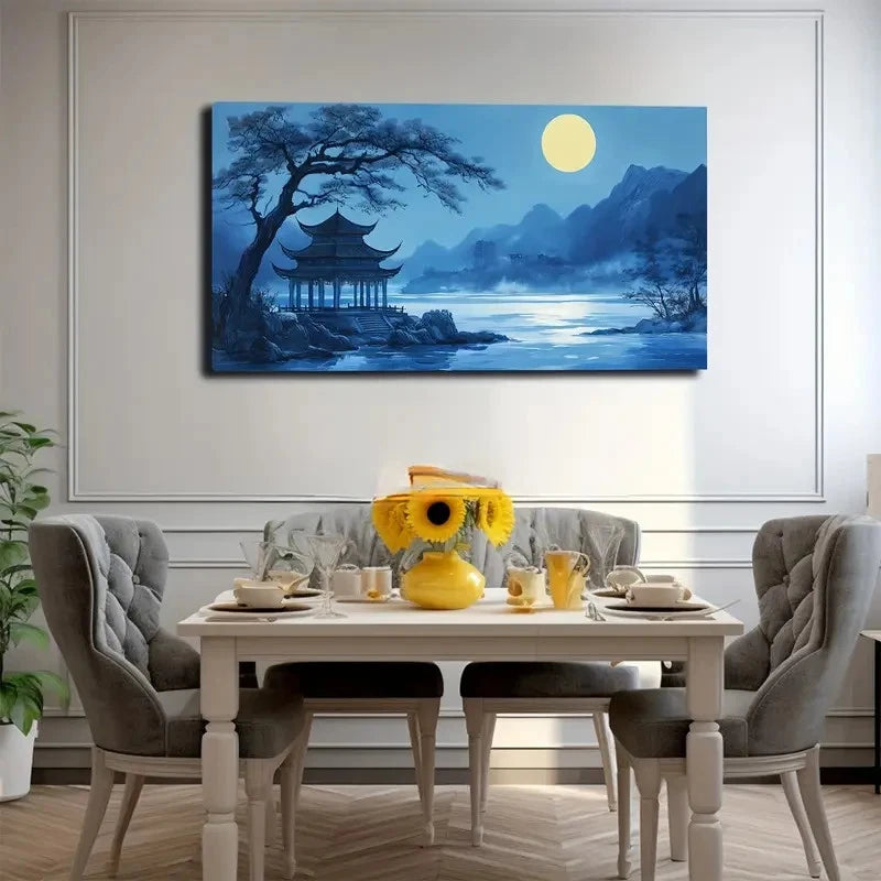 Blue With A Moonlit Night Sky Wall Art Canvas Office Home Room Framed 120x60cm