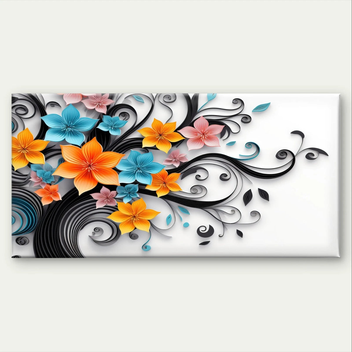Floral Art with Swirling Black Vines Wall Art Canvas Office Home Framed 120x60cm