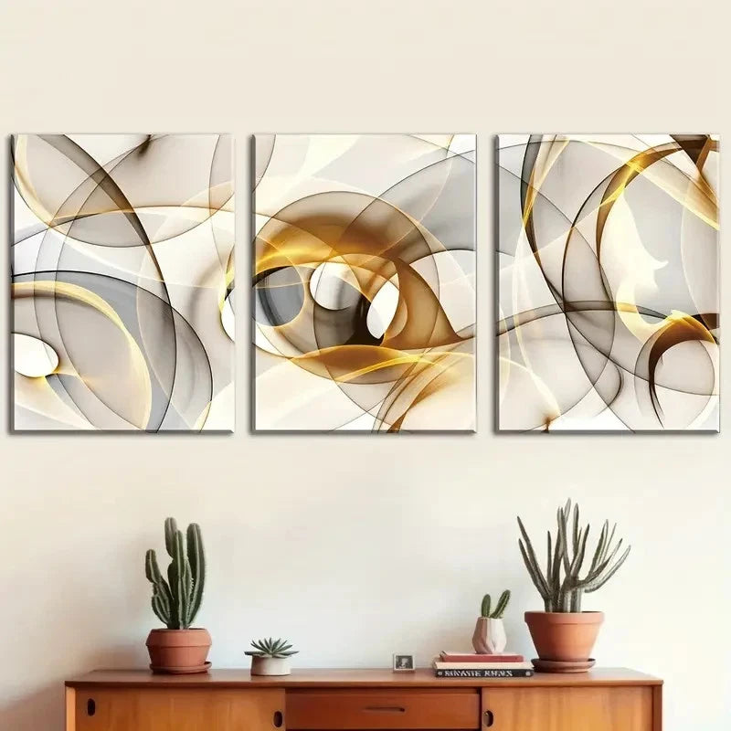 3pcs Abstract Geometric Golden thread Metal Print Ready to Hang Art - Bella Home Decor