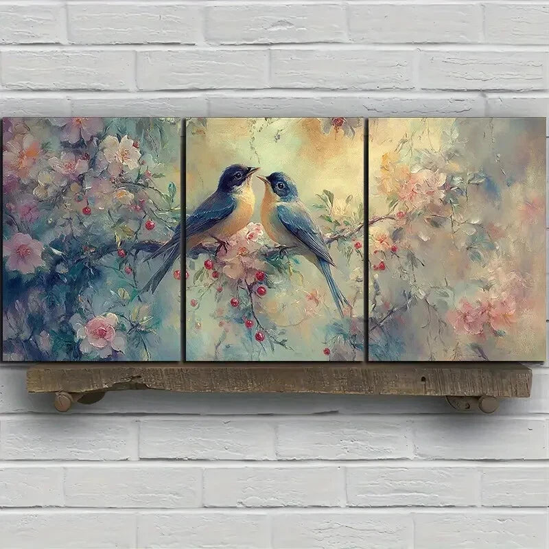 3pcs Birds on Blackberry Flowers Pink Metal Print Ready to Hang Art - Bella Home Decor
