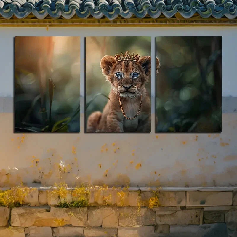 3pcs Lion Cub with Clown and Gold Chain Metal Print Ready to Hang Art - Bella Home Decor