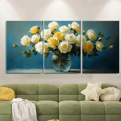 3pcs Still Life of White and Yellow Roses Metal Print Ready to Hang Art