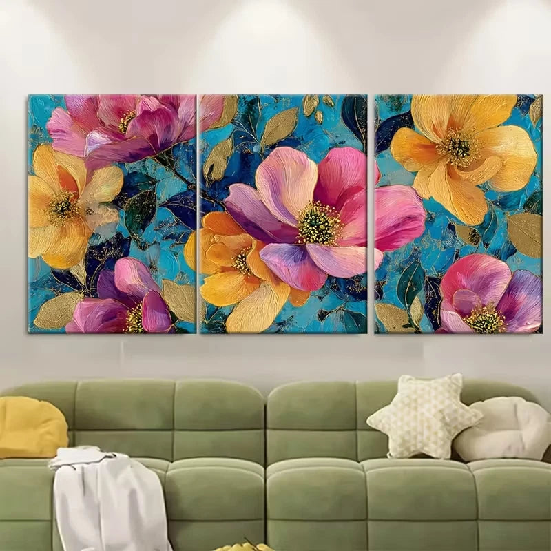 3pcs Abstract Floral Painting in Golden Floating Metal Print Ready to Hang Art - Bella Home Decor
