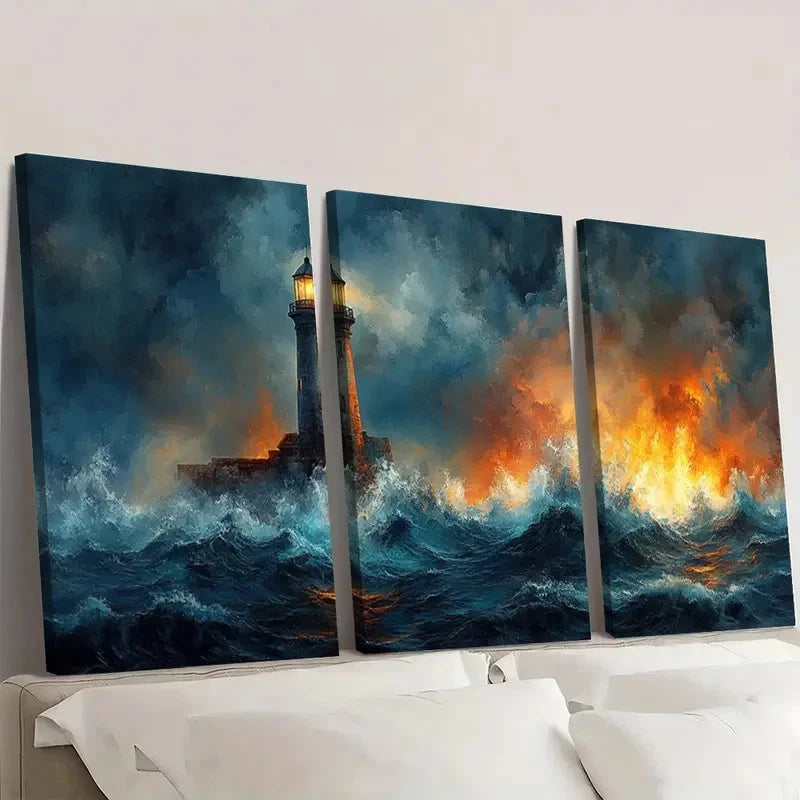 3pcs Stormy Ocean Lighthouse ru   Wall Art Set Canvas Framed 50x70cm - High Quality Print 100% Australian Made Wall Canvas Ready to Hang