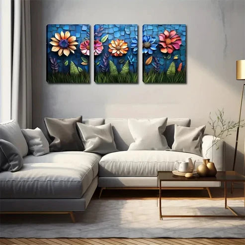 3pcs Weird Flowers on Green Grass Modern Wall Art Canvas Unframed - High Quality Print 100% Australian Made Wall Canvas