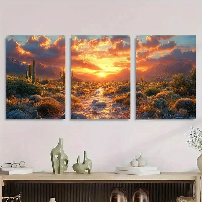 3pcs Desert Sunset Landscape with Cacti Metal Print Ready to Hang Art - Bella Home Decor