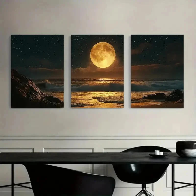 3pcs Bright Yellow Moon Shining Sky Metal Print Ready to Hang Art - Bella Home Decor