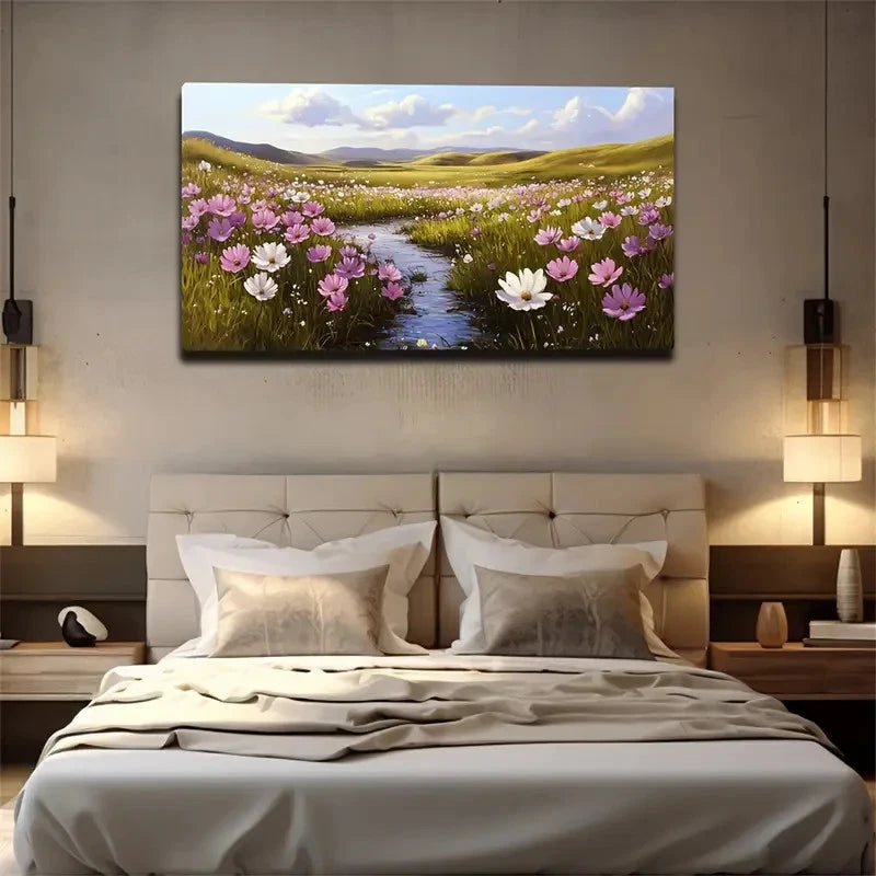 Vibrant Meadow Flowers Stream Wall Art Canvas Office Home Room Framed 120x60cm