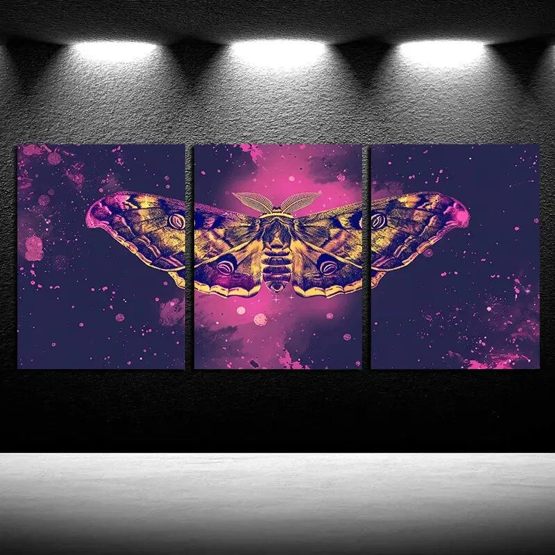 3pcs Elegant Abstract Moth Pink Design Metal Print Ready to Hang Art