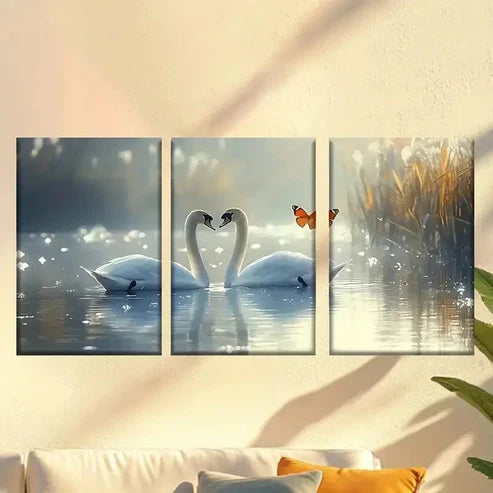 3pcs Two Swans in the Water with a Butterfly Wall Art Canvas Unframed - High Quality Print 100% Australian Made Wall Canvas