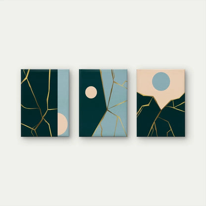3pcs Japanese Art Inspired Gold and Colour Blue Wall Art Set Canvas Framed 50x70cm - High Quality Print 100% Australian Made Wall Canvas Ready to Hang
