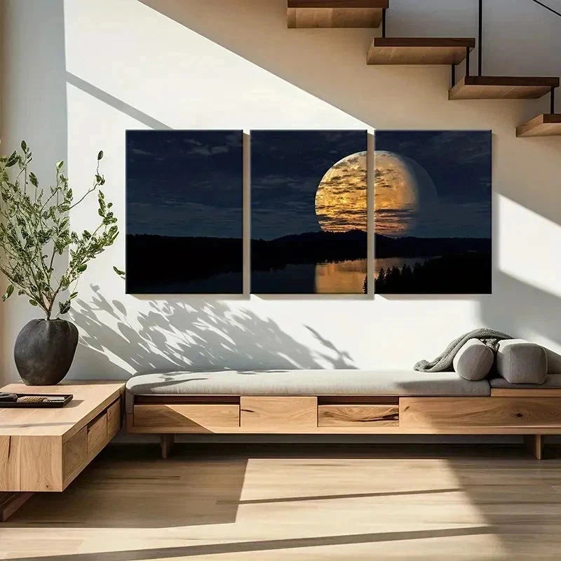 3pcs Night Scene Full Moon Modern  Wall Art Set Canvas Framed 50x70cm - High Quality Print 100% Australian Made Wall Canvas Ready to Hang