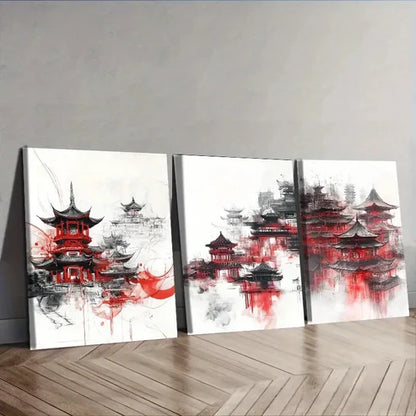 3pcs Traditional Chinese Architecture Wall Art Set Canvas Unframed - High Quality Print 100% Australian Made Wall Canvas