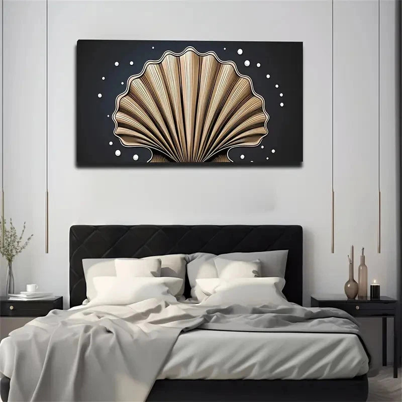 Golden & Black Shell Wall Art Canvas Office Home Room Framed 120x60cm
