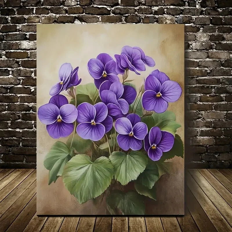 Vibrant Purple Violets with Green Leaves Painting 40x60cm Metal Print Ready to Hang - Bella Home Decor