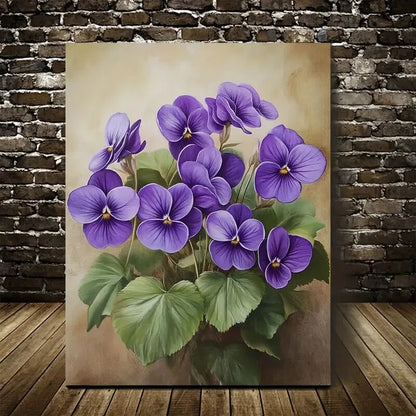 Vibrant Purple Violets with Green Leaves Painting 40x60cm Metal Print Ready to Hang - Bella Home Decor