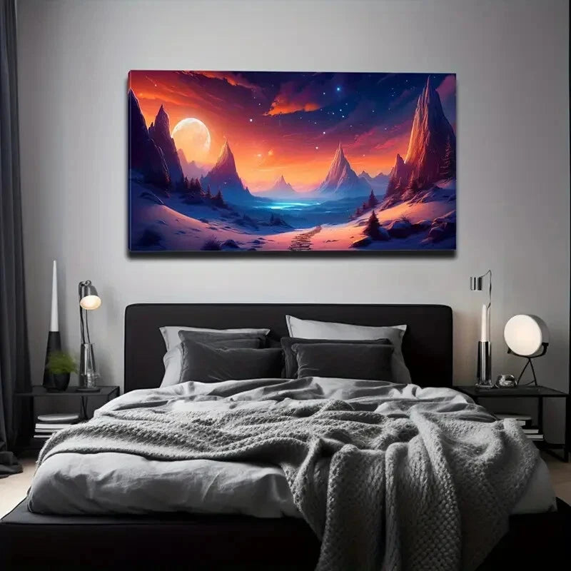 Full Moon and Vibrant Sky Snowy Wall Art Canvas Office Home Room Framed 120x60cm - Bella Home Decor