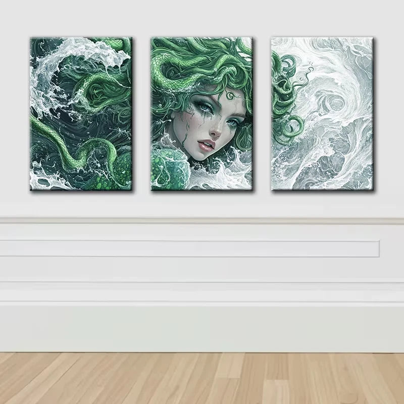 3pcs Green Beautiful Medusa Wall Art Set Canvas Framed 50x70cm - High Quality Print 100% Australian Made Wall Canvas Ready to Hang