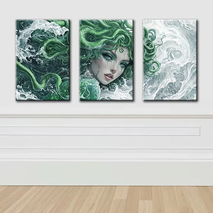 3pcs Green Beautiful Medusa Wall Art Set Canvas Framed 50x70cm - High Quality Print 100% Australian Made Wall Canvas Ready to Hang