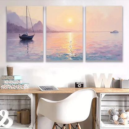 3pcs Painting Sailboat at Sunset, Serene G   Wall Art Set Canvas Framed 50x70cm - High Quality Print 100% Australian Made Wall Canvas Ready to Hang