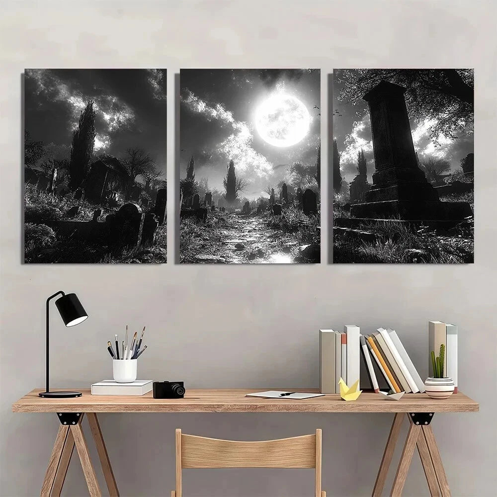 3pcs Creepy Haunted Cemetery Black & White Metal Print Ready to Hang Art - Bella Home Decor