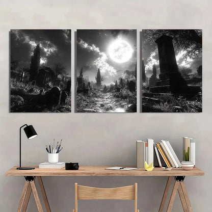 3pcs Creepy Haunted Cemetery Black & White Metal Print Ready to Hang Art - Bella Home Decor