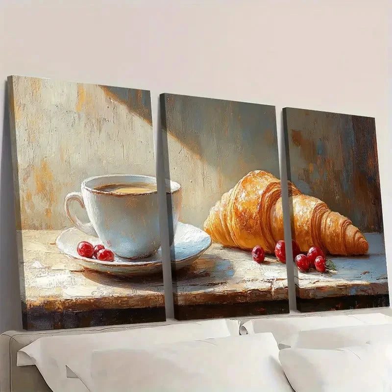 3pcs Coffee & Croissant Morning Scene CC  Wall Art Set Canvas Framed 40x60cm - High Quality Print 100% Australian Made Wall Canvas Ready to Hang - Bella Home Decor